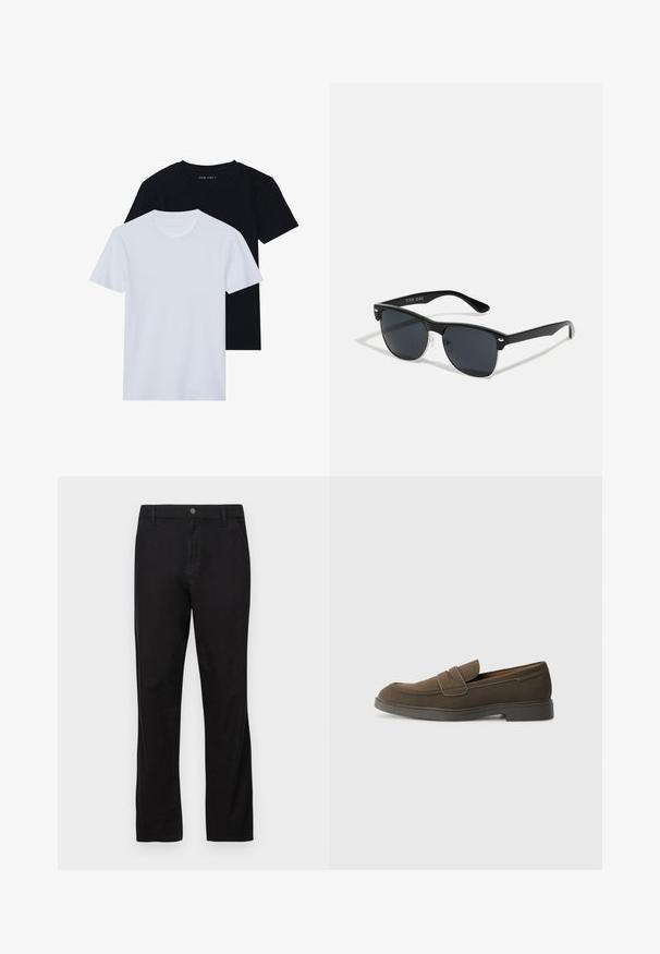 Two short-sleeve crew neck t-shirts, one black and one white, made of soft cotton material with a ribbed texture. Classic fit design.; Black cotton trousers with a straight-leg design, featuring a button closure, front and back pockets, and smooth texture.; Brown suede loafer with a rounded toe, a strap across the vamp, and a flat rubber sole. Simple design with clean lines and minimal detailing.; Black sunglasses with a rectangular shape, dark lenses, silver accents at the temples, and a matte finish on the frame.; Set of five bracelets featuring brown leather, wooden beads, and a silver chain; varying textures and shapes, with adjustable closures.