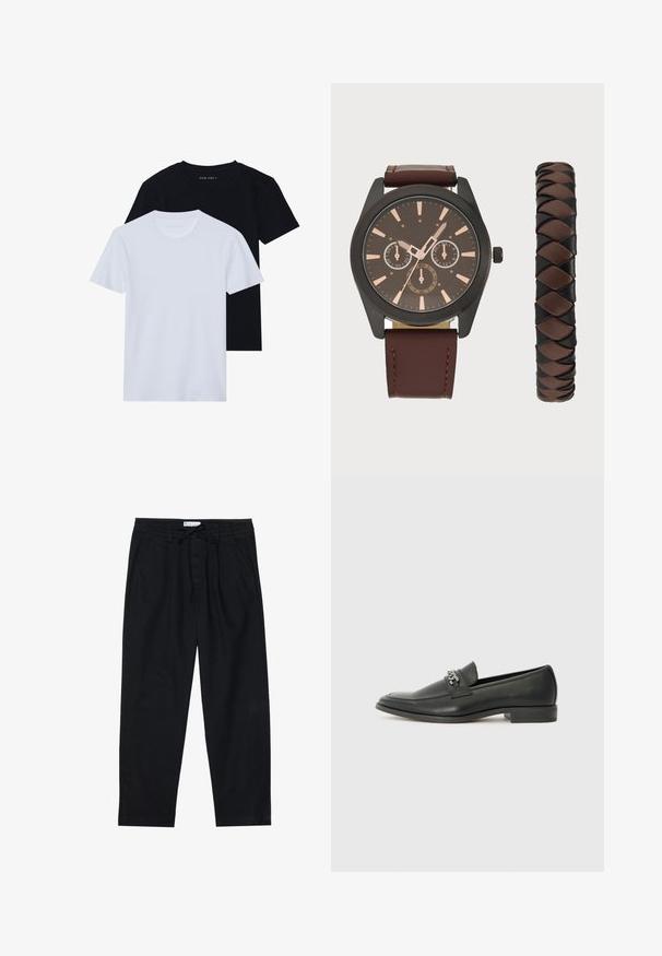 Duas t-shirts de manga curta com decote redondo, uma preta e uma branca, feitas de um material de algodão macio com uma textura ribada. Design de ajuste clássico.; Pier One Chinos - black; Sapatilha de couro preta com um acabamento suave, apresentando um design cosido e um detalhe decorativo de corrente de metal atravessando o peito do pé. Salto baixo.; Pier One SET - Relógio - black/brown