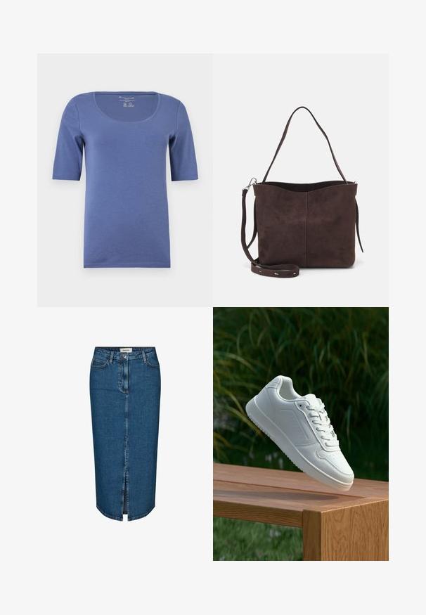 Mėlyna trumpomis rankovėmis marškinėliai su apvaliu iškirpimu. Pagaminti iš minkštos, lygios medžiagos. Turi paprastą dizainą be raštų ar akcentų.; Tamsiai mėlyna džinsinė pieštuko sijonas, turintis priekį įpjovą, penkis kišenes ir kontrastingą siuvimą. Vidutinio aukščio liemuo su klasikiniu dizainu.; Balti sneakeriai su lygia sintetine viršutine dalimi, perforuota pirštų zona, plokščiomis raištelėmis ir tekstūruotu padu, padėti ant medinės paviršiaus.; Ruda suede audinė su minkšta tekstūra, turinti vieną petį ir subtilų kreivinį viršutinį atidarymą. Matomų metalinių detalių nėra.