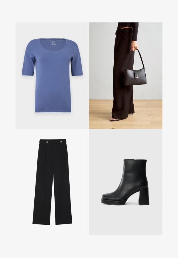 Modrá krátkorychlá tričko s okrúhlym výstrihom. Vyrobené z mäkkej, hladkej tkaniny. Obsahuje jednoduchý dizajn bez vzorov alebo akcentov.; Čierne široké nohavice s vysokým pásom, so zapínaním na gombíky na páse a prednými sklady.; Čierne kožené členkové topánky s blokovým podpätkom a platformovou podrážkou, zobrazené z boku na bielom pozadí.; Čierna kabelka so štruktúrovaným tvarom, hladkou textúrou a kovovou sponou. V kombinácii so širokými čiernymi nohavicami a sandálmi s otvorenou špičkou na drevenej podlahe.