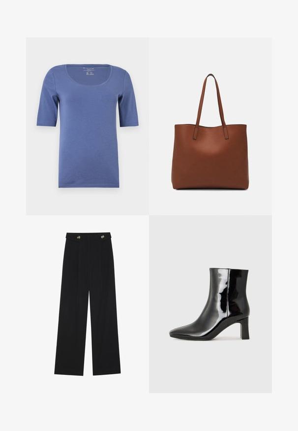 Mėlyna trumpomis rankovėmis marškinėliai su apvaliu iškirpimu. Pagaminti iš minkštos, lygios medžiagos. Turi paprastą dizainą be raštų ar akcentų.; Juodi plačios kojos kelnės su aukštu liemeniu, sagų detalėmis ant liemens ir priekinėmis raukšlėmis.; Juodos lakuotos odinės aulinukės su smailiu pirštu ir vidutinio aukščio blokuotu kulnu. Lygus paviršius ir minimalistinis dizainas.; Ruda odinė priekabų krepšys su glotnia tekstūra, atviru viršumi ir dviem petnešomis. Su minimalia siuvimo detalėmis ir nematoma aparatūra.