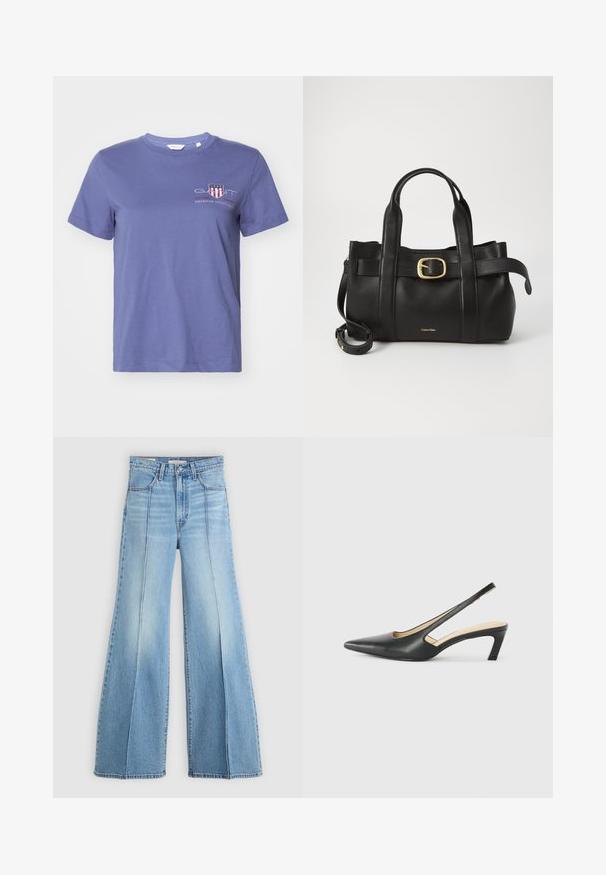 Vijolična bombažna majica s kratkimi rokavi, okroglim izrezom in sprednjim grafičnim napisom, ki vsebuje "GANT" in "AMERICAN SPORTSWEAR" v rdeči in beli barvi.; Svetlo modre hlače z visokim pasom in širokimi nogavicami, sprednje in zadnje žepe, zanke za pas in vertikalne šive spredaj.; Črne čevlje s koničastimi nosovi in slingback obliko z nizko peto, izdelane iz gladke usnjene materiale ter s črtasto zasnovo na strani za prezračevanje.; Črna usnjena torba s strukturirano zasnovo, dvojni zgornji ročaji, zlato-tonirni zaponka kot dodatek in vtisnjeni logotip blagovne znamke spredaj.