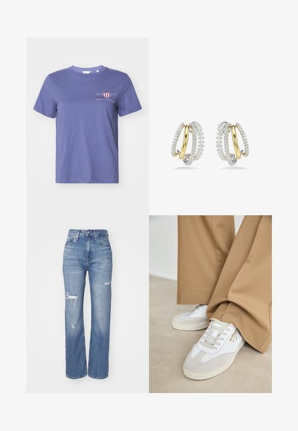 Lila Baumwoll-T-Shirt mit kurzen Ärmeln, Rundhalsausschnitt und einem Frontdruck, der "GANT" und "AMERICAN SPORTSWEAR" in Rot und Weiß zeigt.; Helle blaue, hochbundige Jeans aus Denim, mit Distressed-Details an den Knien und einem geraden Bein-Schnitt.; Weiße Sneakers mit Wildlederakzenten, strukturierten Schnürsenkeln und einer Gummisohle. Kombiniert mit lockeren, sandfarbenen Hosen. Logo an der Seite angebracht.; Gold- und Silberohrringe mit ineinander verschlungenen Designs, verziert mit klaren Edelsteinen entlang der äußeren Kanten, die mit aufwendigen Details glänzen.
