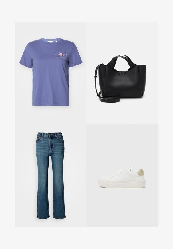 Purple cotton t-shirt with short sleeves, round neckline, and a front graphic featuring "GANT" and "AMERICAN SPORTSWEAR" in red and white.; High-waisted blue jeans made of denim, featuring a straight leg design, subtle fading, and a standard button and zipper closure.; White sneaker with a smooth leather upper, light grey suede heel accent, and a chunky white rubber sole. Features a lace-up design.; Black leather handbag with textured finish, angular shape, dual handles, and an adjustable shoulder strap. Features a DKNY logo accent.