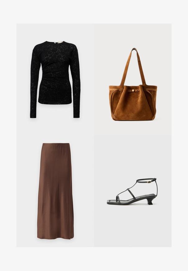 Black long-sleeve top with a textured floral lace design, featuring a round neckline and subtle pleating at the waist.; Brown satin midi skirt with a smooth texture, featuring a straight cut and no visible patterns or embellishments. Simple and elegant design.; Black leather sandal with a square toe, thin straps, adjustable ankle strap, and a low heel. Features a small gold accent on the strap.; Brown suede tote bag with dual handles, a button closure strap, and a relaxed, slightly slouchy shape.