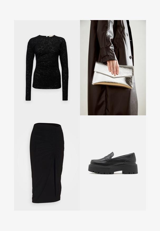 Černý dlouhý rukáv top s texturovaným květinovým krajkovým vzorem, s kulatým výstřihem a jemným nařasením v pase.; Černá, řasená tužková sukně s detailem na zavazování a bočním rozparkem. Vyrobena z elastického materiálu s hladkou texturou a přiléhavým střihem.; Černé kožené mokasíny s nízkou, masivní gumovou podrážkou, prošívanými detaily na svršku a hladkým povrchem.; Stříbrná metalická kabelka ve tvaru klínového obálkového designu, hladké textury a s kontrastní barvou uvnitř, držena v ruce s černým kabátem.