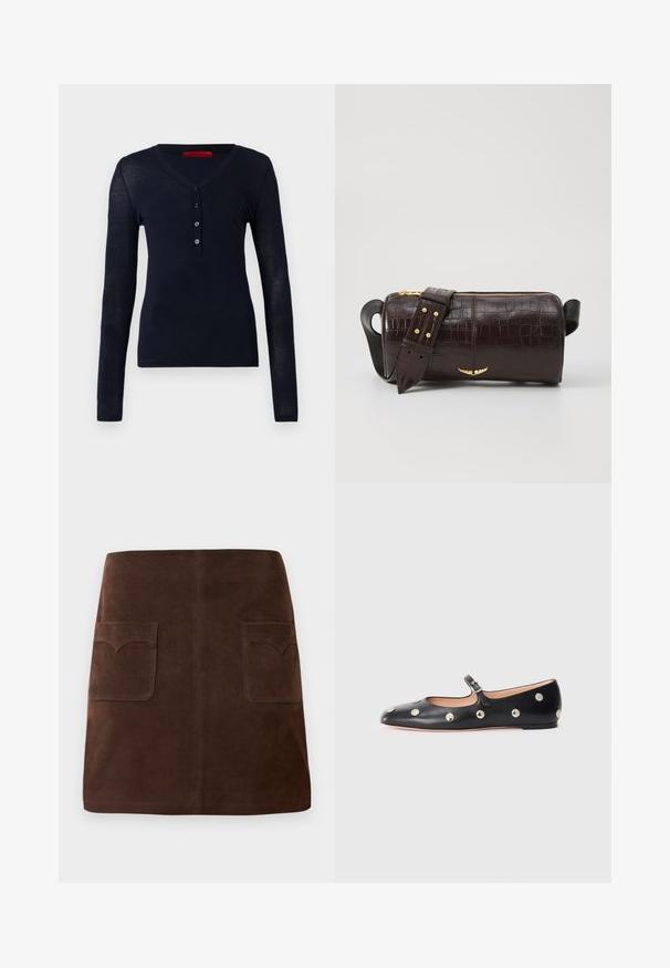 Long-sleeve, navy blue top made of lightweight fabric featuring a V-neck and five-button placket design. Smooth texture with no patterns.; Brown suede skirt featuring a classic A-line shape, two front pockets with rounded flaps, and subtle stitching details.; Black leather Mary Jane flat shoe with a rounded toe, featuring silver circular studs and an adjustable strap with a buckle.; Brown crocodile-embossed leather bag with a cylindrical shape, gold-tone hardware, and a detachable strap featuring studs.