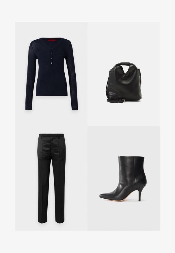 Hosszú ujjú, sötétkék felső, könnyű anyagból készült, V-nyakkal és öt gombbal díszített gumóval. Simább textura, minta nélkül.; Fekete, egyenes lábú, szabott nadrág övvel ellátott derékkal, matt és fényes anyagpanelek kombinációjával.; Fekete bőr bokacsizma hegyes orral, karcsú tűs sarkal és sima textúrával. Minimális dizájn, látható fémrészek vagy díszítések nélkül.; Fekete, puha bőr táska egyedi csavaros dizájnnal. Rövid fogantyúval és levehető vállpánttal rendelkezik. Minimalista stílusú.