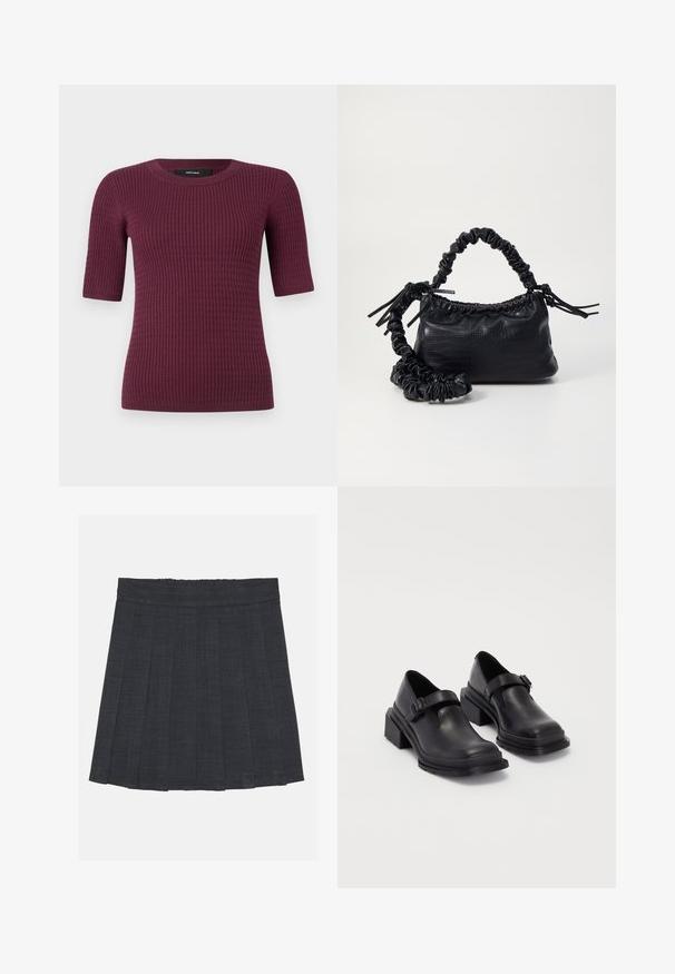 Kratki rukav majica u tamnoberzijanoj boji, s rebrastom teksturom i okruglim izrezom. Izrađena od mekane tkanine, dizajnirana za udobnost i dobro pristajanje.; Tamno siva plisirana suknja s elastičnom pasicom, s teksturiranim materijalom i klasičnim A-siluetom. Prikladna za svakodnevno nošenje.; Crne kožne cipele s okruglim vrhom, ravnim đonom i remenom s detaljem kopče. Debeli blok peti za dodatnu stabilnost.; Crna torba od umjetne kože s teksturom krokodila, s cinčanim vrhom i naboranom trakom. Izgleda mekano i kompaktno u dizajnu.