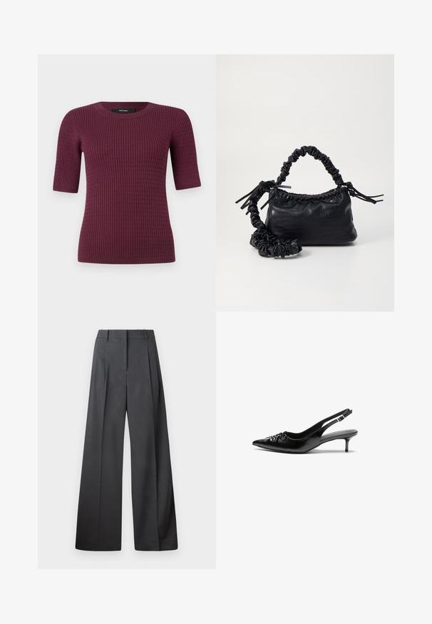 Rövid ujjú felső mély borvörös színben, bordázott textúrával és kerek nyakkivágással. Puha anyagból készült, a kényelem és a jó illeszkedés érdekében tervezve.; Széles szárú nadrág sötétszürke anyagból, magas derekú, egyes redőkkel, sima textúrával és tiszta befejezéssel a szegélyeken.; Fekete bőrből készült slingback magassarkú cipők hegyes orral, kis francia sarokkal és díszes csomóval az elején. Az egész felületen sima textúra.; Fekete műbőr kézi táska krokodil bőr textúrával, összehúzható tetejű és gyűrt pánttal. Lágy és kompakt dizájnúnak tűnik.
