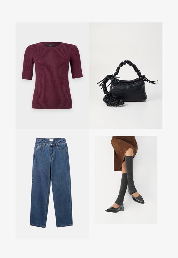 Lühikeste varrukatega sügava burgundia värvi topp, millel on sooniline tekstuur ja ümmargune kaelus. Valmistatud pehmest kangast, disainitud mugavuseks ja sobivuseks.; Klassikalised sinised denimists teksad otsejalaga disainiga, viie taskuga ja nööbisuletusega. Omab keskmist pesu ja tugevat tekstuuri.; Mustad patsaline odav värviga kingad, millel on kreen ja pahkluuring, on paaritatud hallide ribakudumitega sääremiidega ja pruunist nahast seelikuga.; Must must sünteetilisest nahast käekott, millel on krokodillimuster, kokku tõmmatav ülaosa ja kortsus rihm. Tundub pehme ja kompaktne disain.