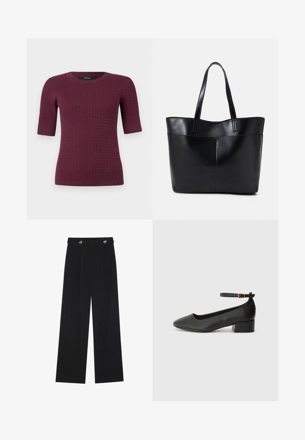 Krótki rękaw top w głębokim burgundzie, z prążkowaną teksturą i okrągłym dekoltem. Wykonany z miękkiego materiału, zaprojektowany z myślą o komforcie i dopasowaniu.; Czarne szerokie spodnie z wysokim stanem, z detalami w postaci guzików na pasku oraz plisami z przodu.; Czarne skórzane szpilki z ostrym noskiem i niskim słupkowym obcasem. Wyposażone w pasek na kostkę z złotym zapięciem. Gładka tekstura.; Czarna skórzana torba na ramię z dwoma długimi uchwytami, gładką teksturą i sztywną formą. Posiada przednią kieszeń dla dodatkowego przechowywania.