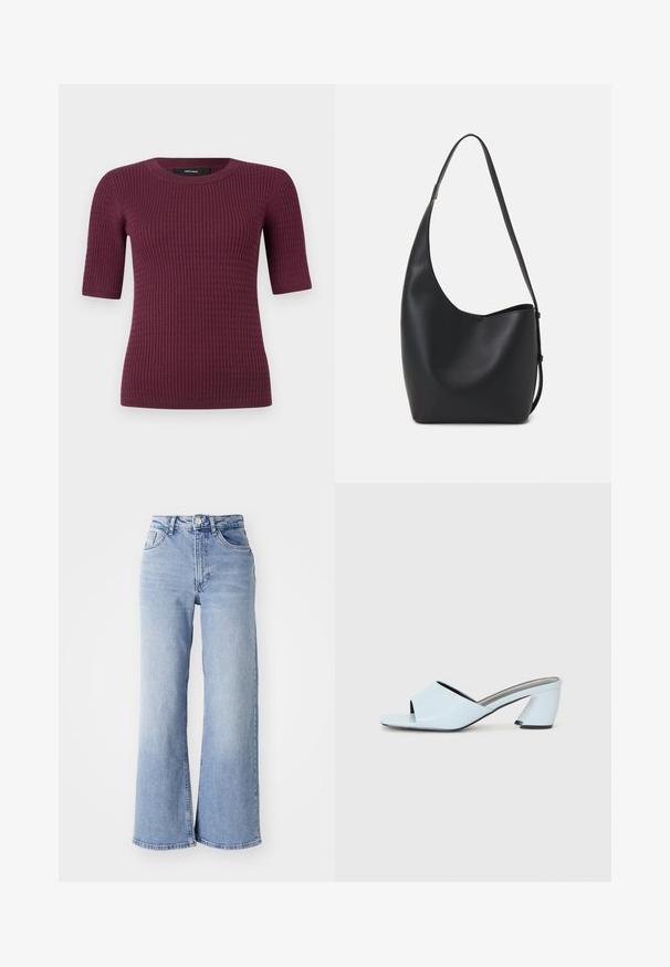 Trumpas rankovėmis viršus tamsiai burgundiško atspalvio, su raukšlėta tekstūra ir apvaliu iškirpimu. Pagamintas iš minkštos medžiagos, skirto patogumui ir pritaikymui.; Šviesiai mėlynos aukšto liemens plačius džinsus su priekiniais ir galiniais kišenėmis, mygtuko uždarymu ir subtiliu blukimu ant šlaunų bei apačių.; Šviesiai mėlynos atvirų pirštų kulno mules su geometriniu dizainu, turinčios plačią juostą per pėdą ir stambų, kampuotą kulną.; Juodas odinis hobo maišas su lygiu paviršiumi, kreipta forma ir viena reguliuojama rankena; turi platų atidarymą viršuje.