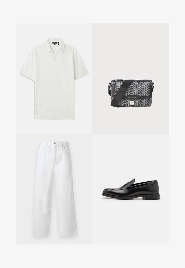 Biała koszulka polo z krótkim rękawem, z fakturowanym wzorem, kołnierzykiem w kształcie v oraz miękkiego materiału. Charakteryzuje się subtelnymi, czystymi liniami i luźnym krojem.; rag & bone - Jeansy baggy; Czarne skórzane mokasyny o gładkiej fakturze, zaokrąglonym nosku i dekoracyjnym pasku na przodzie. Niski, warstwowy obcas, minimalistyczny design.; Czarna i szara torebka na ramię z wzorem geometrycznym, z zamknięciem na zamek błyskawiczny oraz akcentami w srebrnym kolorze. Zawiera regulowany pasek.
