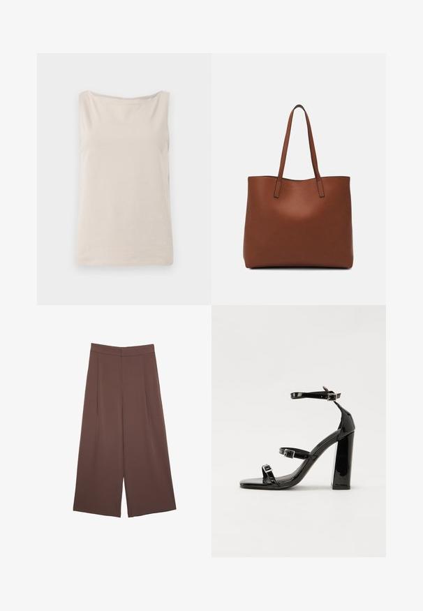 Top beige senza maniche realizzato in tessuto morbido con una vestibilità comoda, caratterizzato da un ampio scollo e una texture liscia. Nessun motivo o accento visibile.; Pantaloni ampi marroni con una texture liscia, caratterizzati da una vita alta e pieghe frontali. Il tessuto è leggero e scorre liberamente.; Sandali con tacco in vernice nera, con punta squadrata, cinturini alla caviglia e fibbie in argento. Presentano un tacco a blocco spesso per maggiore stabilità.; Borsa tote in pelle marrone con texture liscia, design con apertura superiore e due spallacci. Presenta cuciture minime e nessun hardware visibile.