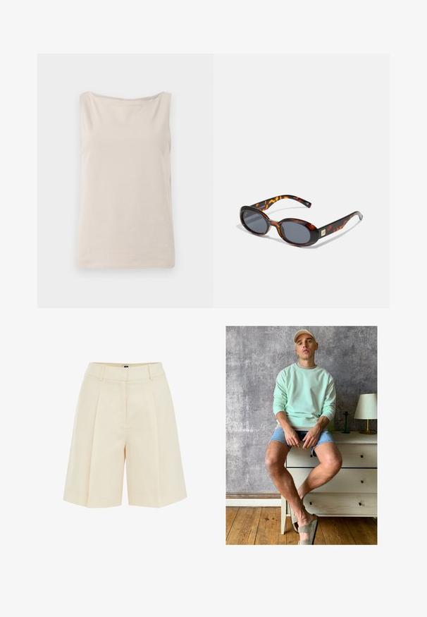 Béžový bezrukávový top vyrobený z jemného materiálu s voľným strihom, s širokým výstrihom a hladkou textúrou. Žiadne viditeľné vzory ani akcenty.; Bežové plisované šortky s perfektným strihom, s hladkou textúrou a bočnými vreckami, vystrihnuté nad kolenami pre pohodlný fit.; Mentolový sveter, džínsové šortky a olivovozelené nazúvacie topánky. Sedí na svetlýchkomode proti texturovanej šedej stene.; Hnedé korytnačie slnečné okuliare s oválnymi sklami a tmavošedým odtieňom. Na spánkoch majú zlatý akcent. Hladká plastová textúra.