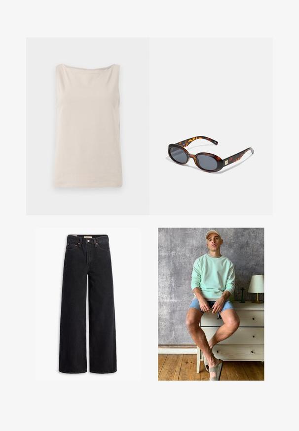 Bežinė be rankovių palaidinė, pagaminta iš minkštos medžiagos, su laisvu siluetu, pasižyminčia plačiu apykakle ir lygiu tekstūru. Nėra matomų raštų ar akcentų.; Juodos plačios kojų džinsai, pagaminti iš džinsinio audinio, su penkiomis kišenėmis, varinėmis iškrovomis ir klasikiniu mygtuko uždarymu. Lygi tekstūra su švariu dizainu.; Mėtų žaliai megztinis, džinsiniai šortai ir alyvuogių žalios spalvos šlepetės. Sėdi ant šviesaus komodos priešais tekstūruotą pilką sieną.; Rudos žvynus imituojančios saulės akinius su ovaliais objektyvais ir tamsiai pilku atspalviu. Yra auksinės spalvos akcentas ant laikiklių. Lygaus plastiko tekstūra.