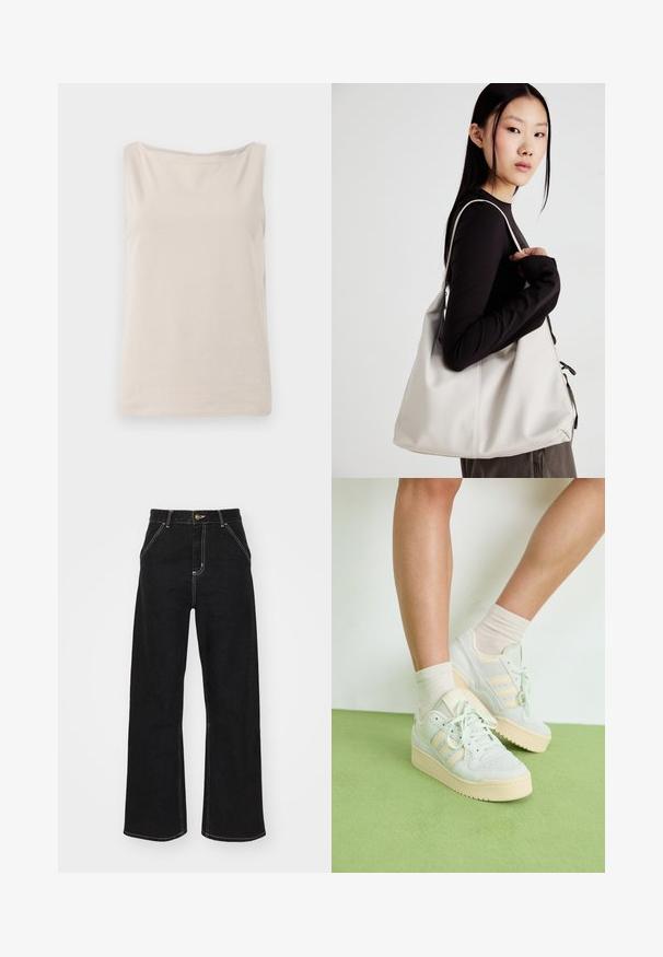 Beige sleeveless top made of soft fabric with a relaxed fit, featuring a wide neckline and a smooth texture. No visible patterns or accents.; Black wide-leg jeans made of denim, featuring contrasting white stitching and a front button closure, with two angled front pockets.; Light green sneakers with a textured surface, featuring three white stripes, a cream rubber sole, and lace-up design. Worn with light socks.; Beige handbag made of soft material, featuring a slouchy design, stitched detailing, and two shoulder straps. Suitable for everyday use.
