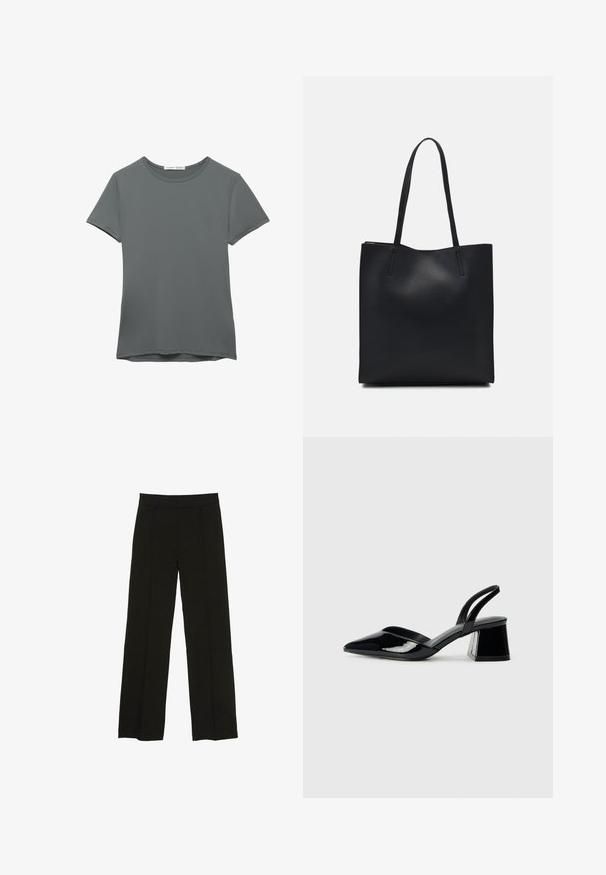 Siva kratka majica s kratkimi rokavi iz gladkega blaga. Ima okroglo ovratnico, ravno spodnji rob in minimalne šivarske detajle.; Črne široke hlače iz gladkega materiala, z oprsnikom in diskretnimi sprednjimi plisami za dodano teksturo.; Črne lakirane slingback pete s koničastim nosom in geometrijsko blokasto peto. Imajo eleganten, minimalističen dizajn in gladko teksturo.; Črna usnjena torba s svilnato teksturo, pravokotne oblike in dvema dolgima ročajema. Brez vidnih metalnih delov ali okrasnih elementov.