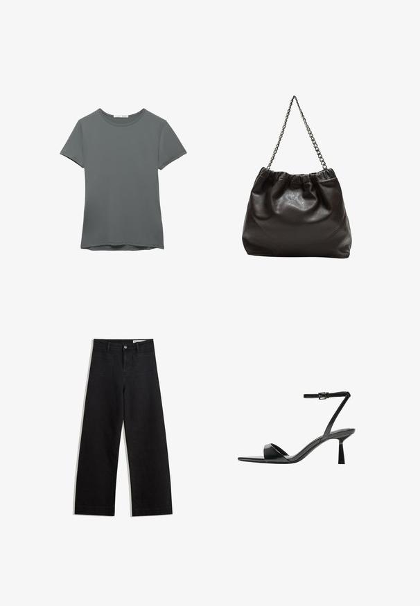 Harmaa lyhythihainen t-paita, joka on valmistettu sileästä kankaasta. Ominaisuuksiin kuuluu pyöreä kaula-aukko, suora helma ja minimaalinen ompelu.; Mustat leveät farkut korkealla vyötäröllä, joissa on etu- ja takataskut, ommellut saumat ja nappisuljenta. Silkinoinen rakenne.; Bershka Korolliset sandaalit - black; Ruskea nahkainen laukku, jossa on kerätty yläosa ja ketjuhihna. Tasainen pinta, jossa kiiltävä viimeistely ja hienovaraiset sauman yksityiskohdat sivuilla.
