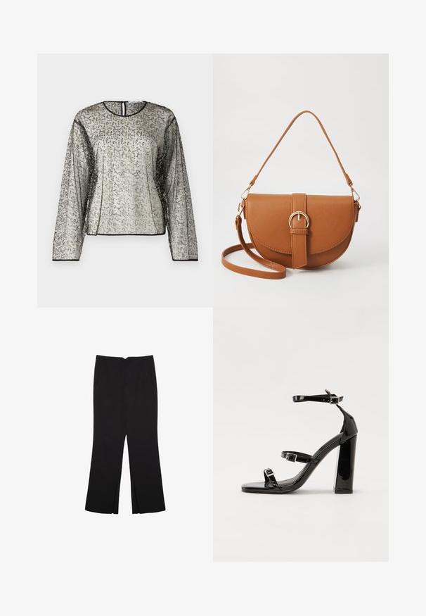 Prosojna dolg rokav s teksturirano srebrno in črno okrasitvijo, okrogla izrezana vratna odprtina in odprtina na hrbtu. Črna obroba ob robovih rokavov.; Črne hlače ravnega kroja z naglavnimi žepi in stranskimi razporki na robu. Narejene iz mehke, gladke tkanine. Primerne za različne priložnosti.; Črne lakirane sandale s peto, kvadratnim prstom, trakovi okrog gležnja in srebrnimi zaponkami. Opremljene so s stabilno Debelo peto.; Rjava usnjena torbica prek telesa s ukrivljeno obliko, zlate opreme in sponko. Ima odstranljiv naramni trak.