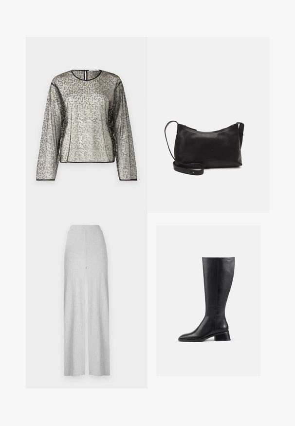 Blusa transparente de mangas longas com uma decoração texturizada em prata e preto, decote redondo e abertura em formato de chave nas costas. A borda das mangas é em preto.; Calças largas em riscas cinza claro com uma cintura alta e uma fenda na frente. Feitas de um tecido suave com uma textura lisa.; Bota de couro preta até ao joelho, com bico redondo e salto baixo, em bloco. Apresenta uma textura suave e detalhes de costura mínimos.; Bolsa de ombro em pele preta com textura suave, forma curva, alça ajustável e fecho com zip. Design minimalista sem adornos.
