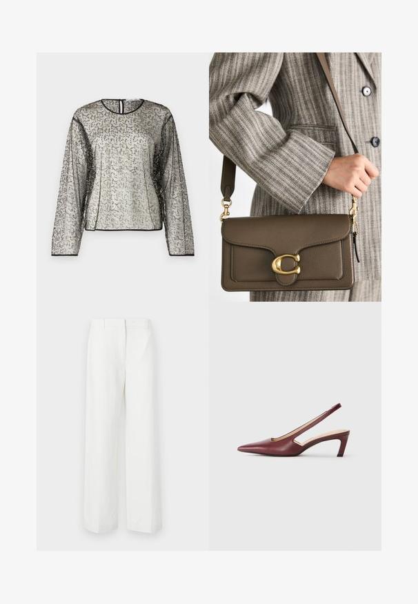 Caurs, garām piedurknēm tops ar teksturētu sudraba un melnu rotājumu, apaļa kakla izgriezums un atvērums mugurpusē ar atslēgu caurumu. Melnā apmale ap piedurknēm.; Balti platās bikses ar gludu tekstūru, ar platu priekšpusi un izspiestām krokām. Izgatavotas no viegla auduma, nav redzamu rakstu.; Burgundijas krāsas slingback papēži ar norādītu purngalu, sānu izgriezumiem un vidēja auguma bloku papēdi. Gluda ādas apdare.; COACH TABBY SHOULDER BAG 26 - Rokassoma - dark stone