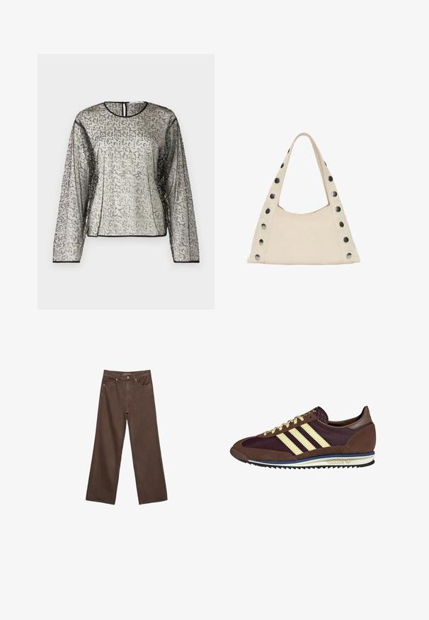 Průhledný top s dlouhým rukávem, zdobený texturovanou stříbrnou a černou aplikací, kulatým výstřihem a otvorem na zádech ve tvaru klíče. Černý lem obepíná rukávy.; Hnědé džíny s širokými nohavicemi vyrobené z denimu, s vysokým pasem, předními kapsami a klasickým zapínáním na knoflík. Hladká textura s jemným švem.; Hnědé a burgundské tenisky z semiše a síťoviny, s třemi krémovými pruhy, texturovaným materiálem na jazyku a gumovou podrážkou.; PULL&BEAR SHOULDER - Velká kabelka - beige