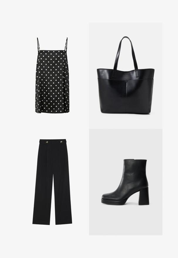 Melnā bezpiedurkņu kleita ar baltām punktiņām, kas aprīkota ar plānām regulējamām siksnām un mīkstu, gludu tekstūru. Vienkārša A-līnijas siluets.; Melnas platās bikses ar augstu jostasvietu, pogu detaļām uz jostas un priekšējām krokām.; Melna ādas potīšu zābaku ar bloku papēdi un platformas zoli, skatīts no sāna uz vienkārša balta fona.; Melnas ādas iepirkumu soma ar divām garām rokturām, gludu tekstūru un strukturētu formu. Iekļauj priekšējo kabatu papildu uzglabāšanai.