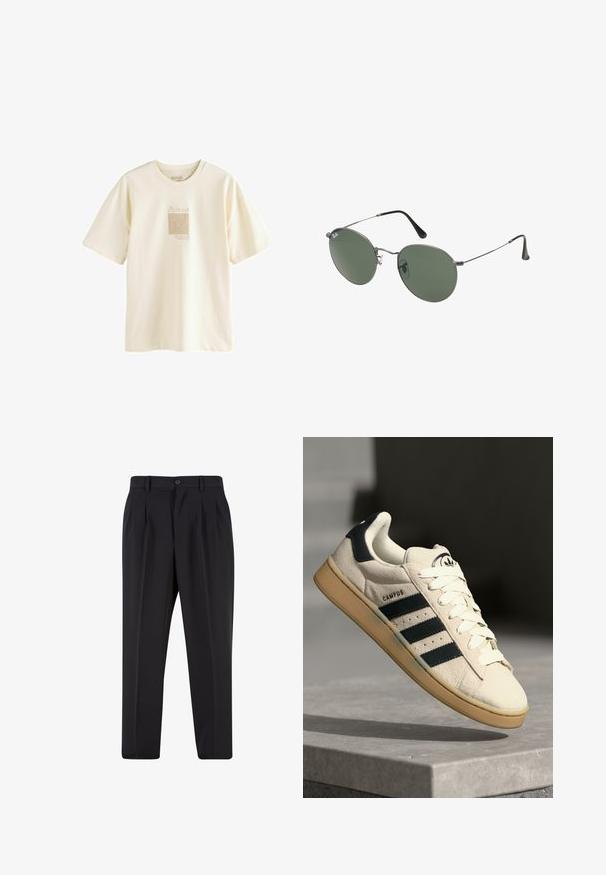 Krémové tričko vyrobené z mäkkého bavlneného materiálu, s minimalistickým grafickým potlačou inšpirovanou Picassom, v jemne textúrovanom dizajne.; Čierne nohavice s plisovaným predným dizajnom, vyrobené z hladkej látky. Majú zapínanie na gombík a pútka na opasok; rovný strih.; Béžové semišové tenisky s tromi tmavomodrými pruhmi, bielymi šnúrkami a béžovou gumovou podrážkou. Obsahujú logo na jazyku a text "CAMPUS".; Sunglass s metalovým rámom s oválnymi zelenými šošovkami. Tenký strieborný kovový rám a čierne štuple za uši. Minimalistický dizajn, bez viditeľných log.