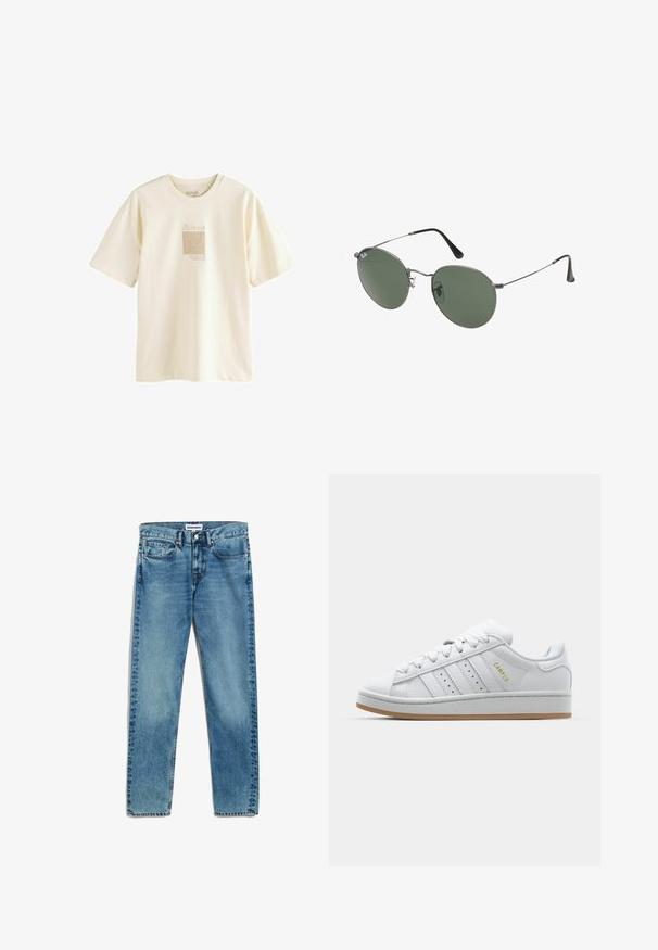 Cremefarbenes T-Shirt aus weicher Baumwolle, mit einem minimalistischen, von Picasso inspirierten Grafikdruck in einem leicht strukturierten Design.; Helle blaue Denim-Jeans mit geradem Schnitt, fünf Taschen, Reißverschluss und dezentem Ausbleichen des Stoffes. Metallknopfverschluss.; Weiße Sneaker mit durchbrochenem Drei-Streifen-Design, strukturierten Akzenten, einer Gummisohle und dem goldenen "CAMPUS"-Logo an der Seite.; Metallgestellte Sonnenbrille mit ovalen grünen Gläsern. Dünner silberner Metallrahmen und schwarze Ohrstücke. Minimalistisches Design, keine sichtbaren Logos.