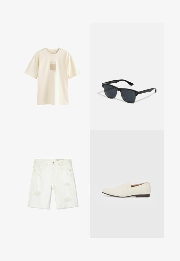 T-shirt color crema realizzato in morbido cotone, con una stampa grafica minimalista ispirata a Picasso in un design leggermente strutturato.; Shorts in denim bianco con vita a media altezza, dettagli strappati, cinque tasche e accessori in rame. Tessuto morbido con una vestibilità casual.; Mocassini beige chiaro con punta affusolata, materiale liscio, una fascia sulla tomaia e una suola bassa marrone. Design semplice con accenti minimi.; Occhiali da sole neri con forma rettangolare, lenti scure, dettagli in argento alle tempie e finitura opaca sulla montatura.