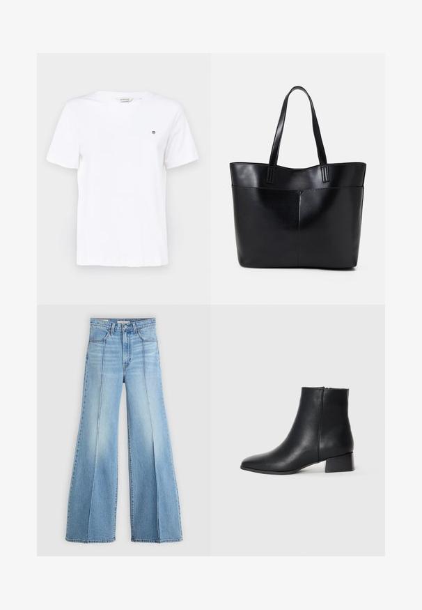 Biela bavlnená tričko s krátkymi rukávmi, okrúhlym výstrihom a malým vyšitým logom na hrudi. Hladká textúra a klasický strih.; Svetlomodré vysoké džínsy s širokými nohavicami, prednými a zadnými vreckami, pútkami na opasok a vertikálnymi švovými detailami na prednej strane.; Čierne kožené členkové topánky s špicatou špičkou a nízkym blokovým podpätkom, so hladkou textúrou a minimalistickým dizajnom.; Čierna kožená tote taška s dvoma dlhými rúčkami, hladkým povrchom a štruktúrovaným tvarom. Obsahuje prednú kapsu pre dodatočné uskladnenie.