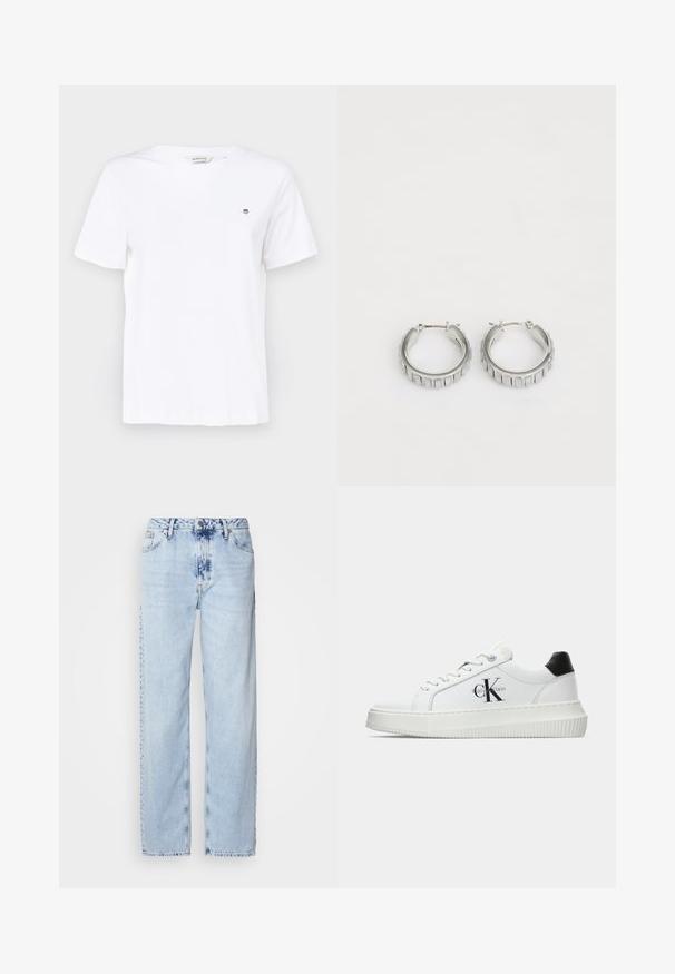 Balta medvilninė marškinė su trumpomis rankovėmis, apvaliu kaklu ir mažu siuvinėjimu ant krūtinės. Slydi tekstūra ir klasikinis kirpimas.; Šviesiai mėlynos plačios kelnės, pagamintos iš džinsinio audinio, su aukšta juosmens linija, išblukusiu plovimu ir subtiliu tinių dažymu priekyje.; Balti žemakulniai bateliai su juodu kulno dangteliu, platformos padu, raišteliais ir Calvin Klein "CK" logotipu šone.; Sidabrinės auskarų žiedai su tekstūruotu dizainu, turinčiu vertikalias briaunas. Apskritimo forma su saugiu užraktu. Lygi apdaila.