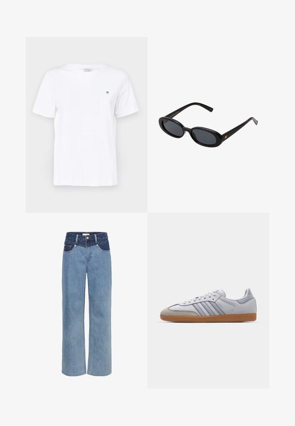 Valge puuvillane T-särk lühikeste varrukatega, ümmarguse kaelusega ja väikese tikandiga logoga rinnal. Sile tekstuur ja klassikaline lõige.; Hele sinine denim laiad püksid, millel on kõrge vöökoht, viie tasku disain ja kontrastne tumedam sinine pe patch ees.; Valged nahast tossud helesiniste detailidega, hallist suede'ist varvas ja pruun kummitald. Omab kolme sinist triipu ja "Samba" brändimist.; Mustad mustad prillid ovaalsete läätsedega, sujuvast plastmassraamist ja kuldsete aktsentidega tempel. Tumedaid läätsi, mis pakuvad päikese kaitset.