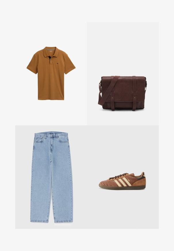 Braunes Polohemd aus glattem Baumwollstoff mit klassischem Kragen, Knopfleiste mit drei Knöpfen und kontrastierendem Marineblau am Kragen.; Hellblaue Jeans aus Denim mit geradem Bein, ausgestattet mit einer mittelhohen Taille, fünf Taschen sowie einem Knopf- und Reißverschluss.; adidas Originals SAMBA UNISEX - Sneaker low - preloved brown/sand strata/dark brown; Braune Leder-Umhängetasche mit einer flachen Vorderklappe, zwei Riemen, goldenen Hardware-Akzenten und einem verstellbaren Schultergurt.