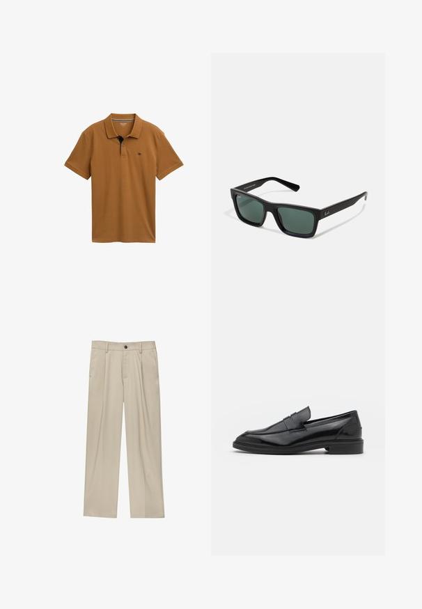 Polo beige in cotone liscio con colletto classico, patta con tre bottoni e dettaglio a contrasto blu navy sul colletto.; Pantaloni beige a taglio dritto, con un solo bottone nero, passanti per la cintura e tasche laterali. Tessuto dalla texture liscia e design minimale.; Mocassini in pelle nera con finitura liscia, caratterizzati da una punta tonda e una fascia stretta sulla parte superiore. Tacco basso impilato.; Occhiali da sole neri rettangolari con lenti verdi, caratterizzati da una finitura opaca, aste dritte e il logo Ray-Ban sul lato.