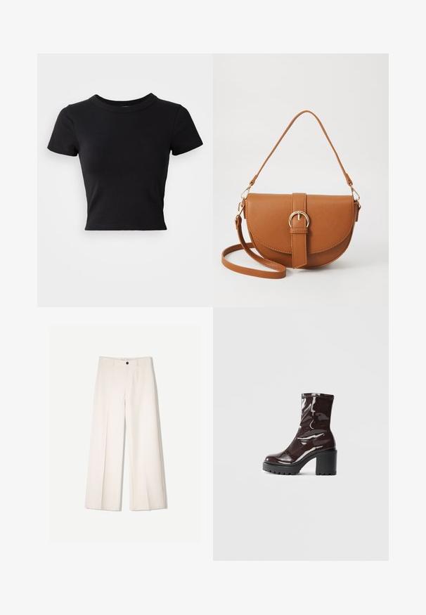 Musta cropattu t-paita, joka on valmistettu kiinteästä puuvillasta, jossa on lyhyet hihat ja pyöreä kaula-aukko, yksinkertainen ja sileä muotoilu.; Kerman leveletut housut räätälöidyllä designilla, joissa on kaksi etutaskua ja yksi etunapituksilla, valmistettu sileästä kankaasta.; Satea bordeaux berwarna mengkilap dengan tumit hitam tebal, menampilkan tekstur halus dan desain sederhana. Tanpa pengikat atau pola yang terlihat.; Ruskean nahkainen olkalaukku, jossa on kaareva muoto, kultaiset yksityiskohdat ja solkiyksityiskohta. Varustettu irrotettavalla olkahihnalla.