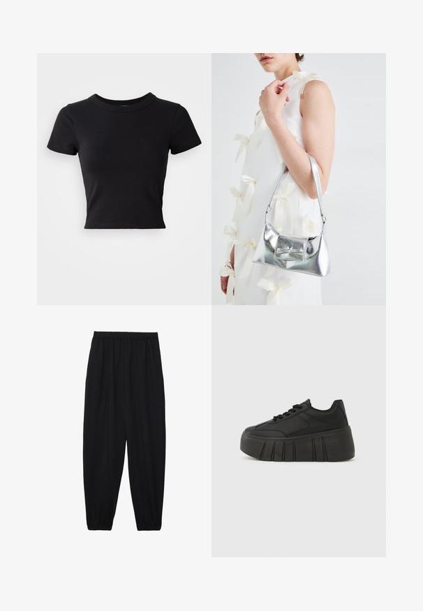 Black cropped t-shirt made of solid cotton, featuring short sleeves and a round neckline, with a smooth and simple design.; Black, lightweight pants with an elastic waistband and gathered ankles. The fabric is smooth and features a relaxed, tapered design.; Black platform sneakers with a smooth synthetic upper, rounded toe, lace-up design, and a thick, ridged sole for added height.; Silver metallic handbag with a structured shape, featuring a top handle and bow detail on the front. Smooth texture, reflective finish.