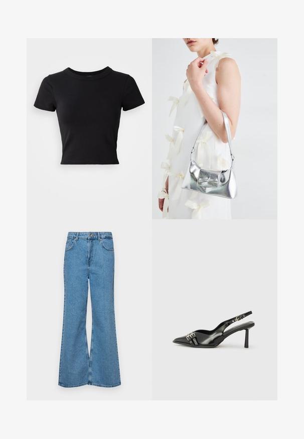 Fekete, rövid ujjú, kerek nyakú, tömör pamutból készült cropped póló, sima és letisztult dizájnnal.; Világoskék, trapézszárú farmernadrág, magas derékkal, öt zsebbel és egy gombos záródással. Puha tapintású, magasított effektusú anyag.; Fekete lakk bőr, hegyes orrú slingback cipő, boka pántokkal, ezüst csatokkal és hardverelemekkel, valamint karcsú sarkú.; Ezüst fémes kézitáska, struktúrált formával, felső fogantyúval és masnis részlettel az elején. Simaságával és fényes felületével tűnik ki.