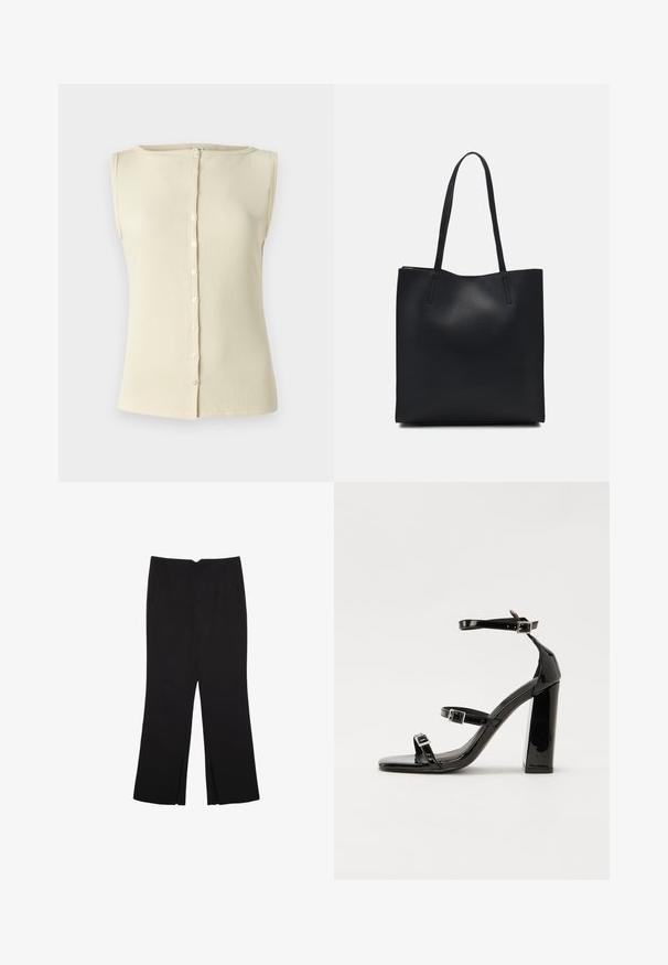 Lys beige ærmeløs top i ribbet stof med rund halsudskæring og knapdetalje foran. Glat tekstur og tætsiddende design.; Sorte bukser med lige pasform, der har frontlommer og slidser i kanten. Lavet af blødt, glat stof. Velegnet til forskellige anledninger.; Sorte patenterede hælsandaler med firkantet tå, ankelremme og sølvspænder. Har en chunky blokHæl for stabilitet.; Sort læder tote taske med glat tekstur, rektangulær form og to lange hanke. Ingen synlig hardware eller udsmykninger.