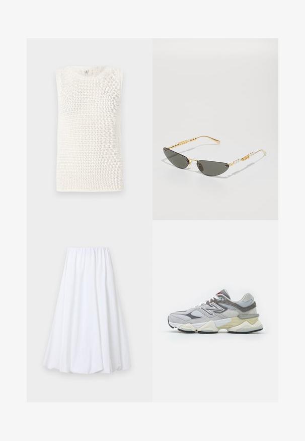 Ärmselge kudum valges, millel on avatud kudumise muster ja ümmargune kaelus. Kanga pind on tekstuuriga.; Valge pahkluunini seelik, millel on elastne vöökoht, valmistatud kergest kangast, millel on sile tekstuur ja voolav siluett.; Hallus halli nahast ja võrgust tennisekott, millel on paks valge ja beež tald, silmapaistva valge logoga ja punaste aktsentdetailidega.; Kuldraamidega prillid tumedate hallide läätsedega. Ainulaadne kassisilma kuju. Templiosas vahelduvad kuldsed helmed ja pärliraamid.