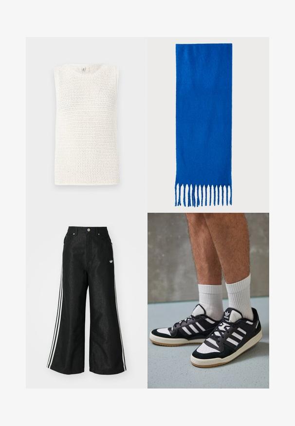 Sleeveless knitted top in off-white, featuring an open weave pattern and a round neckline. Fabric has a textured appearance.; Black wide-leg denim pants with three white stripe accents on each side and a small white logo. Features front pockets and a button closure.; Black and white sneakers with a suede and leather upper, featuring three white stripes, a perforated toe, and a gum rubber sole.; Blue fringed scarf made of soft fabric; features a solid color with a textured surface and evenly cut fringe at the bottom.; Black square crossbody bag made of textured synthetic material. Features an embossed logo design and adjustable strap. Zipper closure.