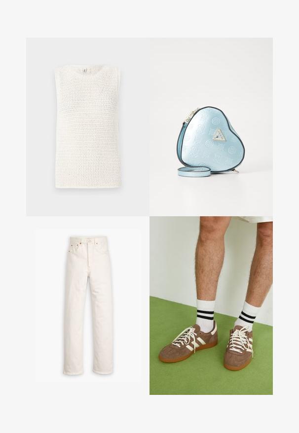 Bezramenný pletený top v slonovinovej farbe, zdobený otvoreným tkaním a okrúhlym výstrihom. Tkanina má textúrovaný vzhľad.; Biele džínsy z denimu so stright-leg strihom, päť-vreckovým štýlom a medenými kovovými doplnkami. Nerovný lem na členkoch.; Hnedé zamatové tenisky s bielymi akcentmi a šnúrkami. Gumová podrážka. Nosené s bielymi ponožkami so čiernymi pruhmi. Zelená textúrovaná podlaha.; Kabelka v tvare srdca v svetlom modrom embosovanom materiále, s čiernym lemovaním a zlatým logom. Súčasťou je odnímateľný ramenný popruh.