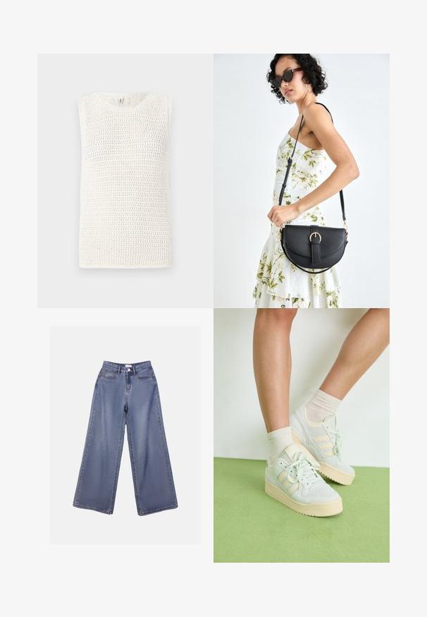 Top senza maniche lavorato a maglia di colore avorio, con un motivo a trama aperta e scollo rotondo. Il tessuto ha un aspetto testurizzato.; Jeans in denim a gamba ampia di un blu chiaro, caratterizzati da una vita alta, tasche frontali e una chiusura con bottone e passanti per cintura.; Sneaker verde chiaro con superficie testurizzata, caratterizzati da tre strisce bianche, una suola in gomma crema e design con lacci. Indossati con calzettoni chiari.; Borsa a tracolla nera in pelle con una forma curva, manico rimovibile e accessori dorati. La borsa presenta una patta con un dettaglio a fibbia.