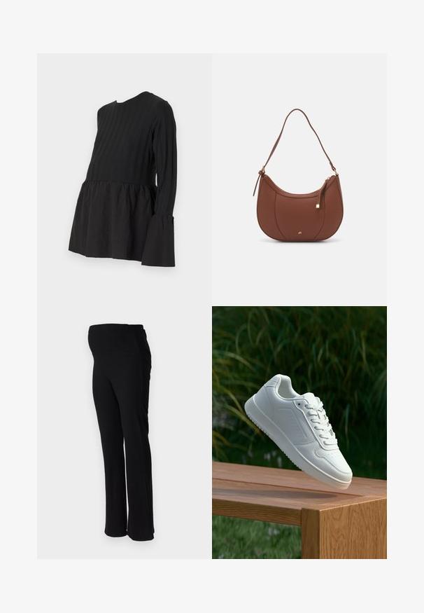 Musta äitiyslämpö, jossa on uurteinen raidallinen yläosa ja sileä, rypytetty alaosa, jossa on kellotuvat hihat.; ONLY MATERNITY OLMHALLE - Housut - black; Valkoiset tennarit, joissa on sileä synteettinen päällinen, rei'itetty varvasosa, litteät nauhat ja teksturoitu pohja, esillä puupinnalla.; Ruskea keinonahkainen olkalaukku, jossa on kaareva muoto, minimaalinen ompelu ja kultasävyinen varuste. Varustettu ylhäältä avautuvalla vetoketjullisella suljennalla ja säädettävällä hihnalla.