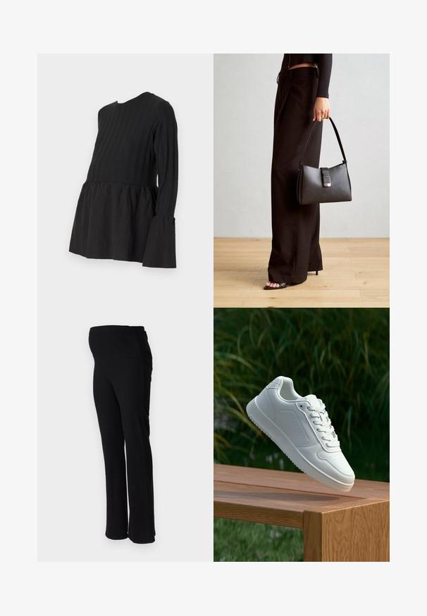 Blusa de maternidade preta com uma seção superior texturizada e listrada e uma parte inferior suave e franzida, com mangas em sino.; ONLY MATERNITY OLMHALLE - Calças - black; Sapatilha branca com um cabedal sintético liso, caixa dos dedos perfurada, atacadores planos e uma sola texturizada, exposta sobre uma superfície de madeira.; Bolsa preta com forma estruturada, textura suave e um fecho metálico. Combinada com calças largas pretas e sandálias de salto aberto sobre um chão de madeira.