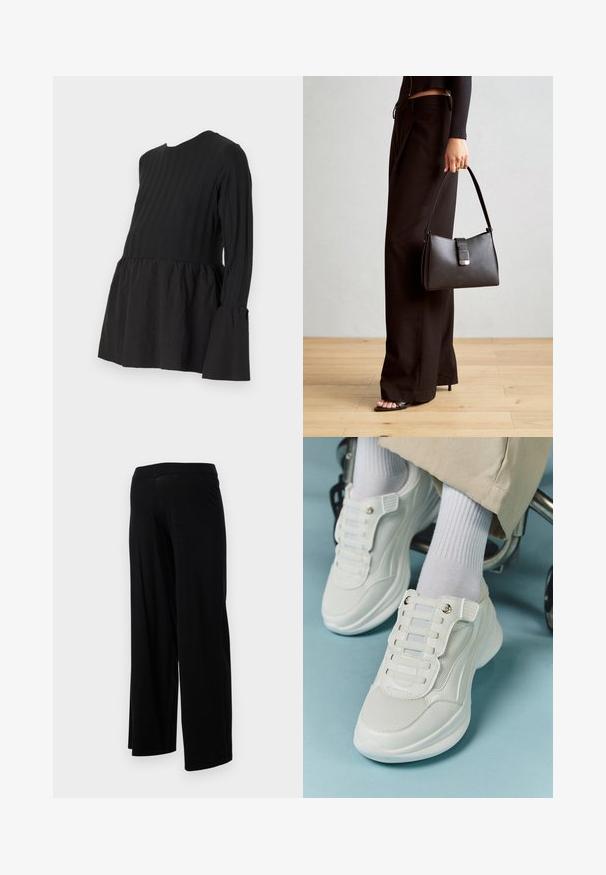 Maglietta premaman nera con una sezione superiore a righe texturizzate e una parte inferiore liscia e arricciata, dotata di maniche a campana.; Pantaloni neri a gamba larga con vita elasticizzata e una texture liscia e elastica. Presentano un design semplice, senza fantasie o decorazioni.; Sneaker bianchi realizzati in materiale a rete, suola in gomma, design senza lacci con bande elastiche e dettagli in tonalità oro.; Borsa nera con forma strutturata, texture liscia e una chiusura metallica. Abbinata a pantaloni neri larghi e sandali open-toe su un pavimento in legno.