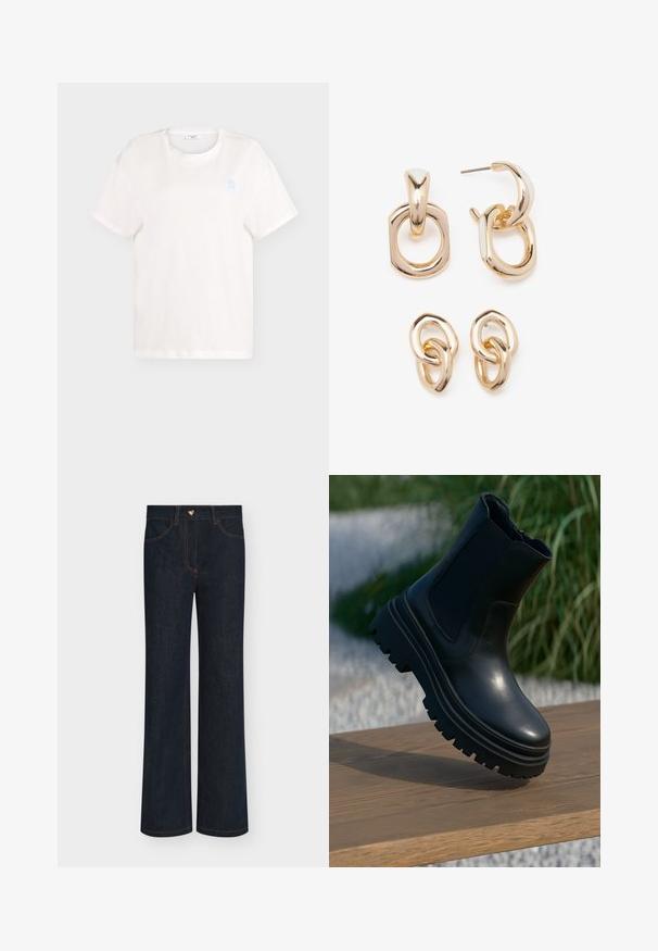 White cotton t-shirt with short sleeves and a round neckline. Features a small light blue graphic on the left chest area.; Wide-leg dark denim jeans with a high waist, featuring orange stitching and a heart-shaped metal button. Five-pocket design.; Black leather ankle boot with a chunky sole, elasticated side panels, and a smooth finish. Elevated design with contrasting tread detail.; Gold-toned earrings featuring a mix of geometric shapes: a square, circle, and linked oval designs with a polished finish.