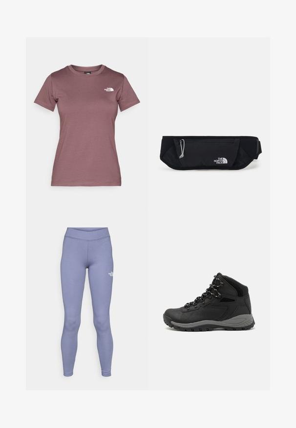 Trumpa rankovė, apvali apykaklė, marškinėliai nuobodžiai mauve spalvos, pagaminti iš minkštos medžiagos, su mažiu baltu logotipu kairėje krūtinės pusėje. Lygi tekstūra.; Mėlyni sportiniai leggingai, pagaminti iš minkštos, tamprios medžiagos. Ypatybės: aukšta juosmens linija ir mažas baltas logotipas kairiajame šlaunies šone.; Juodas žygio botas su vidutinio aukščio dizainu, pasižymintis tekstūruota viršutine dalimi, pilkų akcentų ir patvaria guma padanga su sukibimo gumbais.; The North Face SUNRISER RUN BELT UNISEX - Diržinis krepšelis - black/white